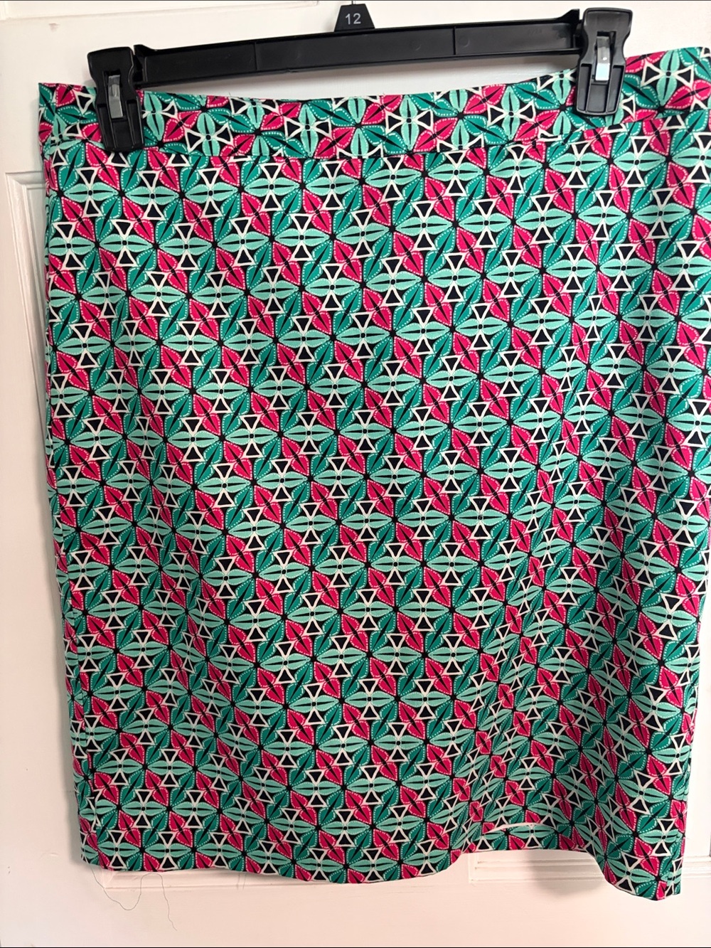 Van Heusen A-Line Skirt in Teal, Pink & White Geometric Print